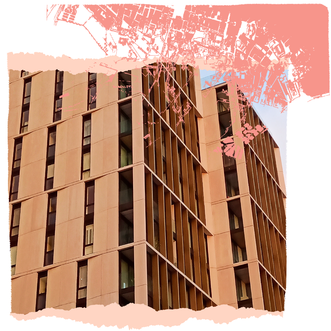 Ripped photo of rust coloured high rise building overlaid with map