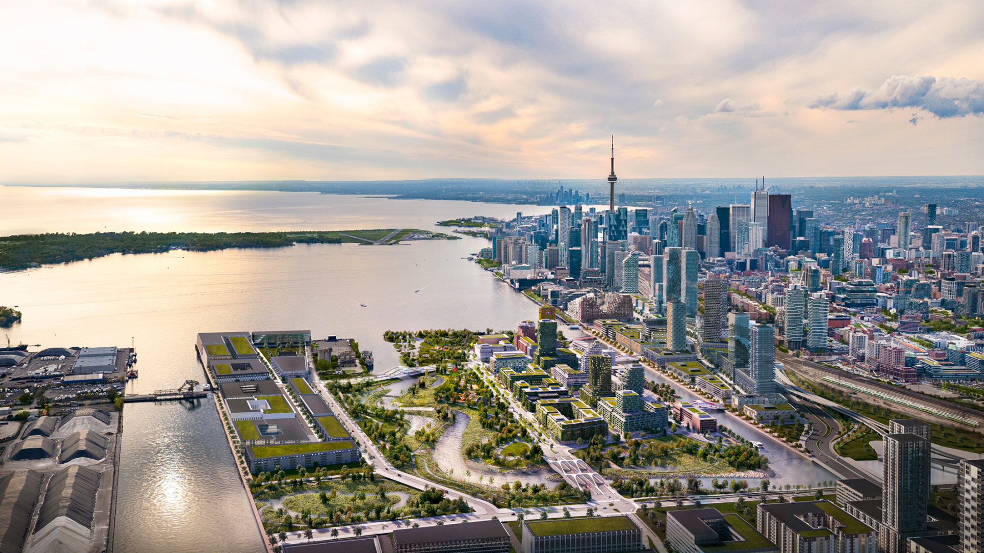 Aerial view of new developments built on land by river