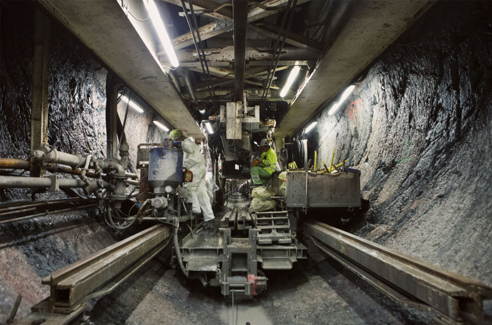 Workers on the Elektra boring machine as it drills the Anneberg-Skanstull Cable Tunnel. Photographer: Erika Gerdemark/Bloomberg