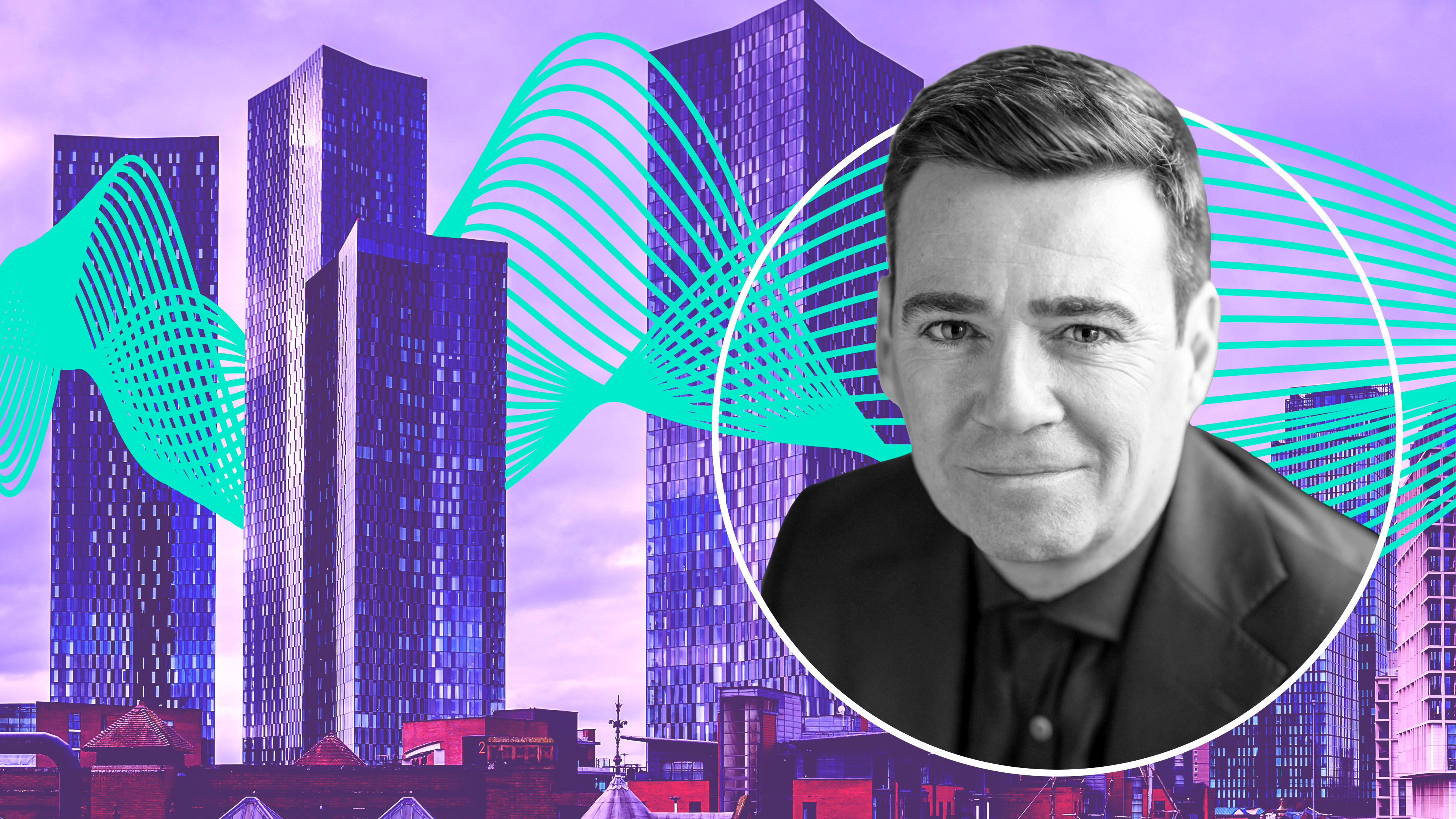 Purple tinted skyscrapers in Manchester with audio wave going through and headshot of Andy Burnham