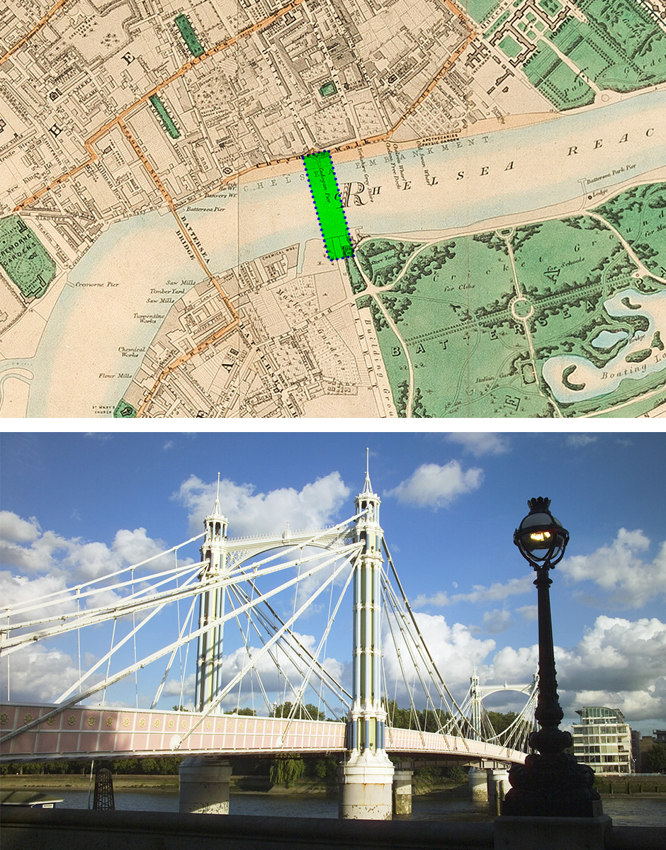 Albert Bridge Comparison of archive London map and Albert Bridge
