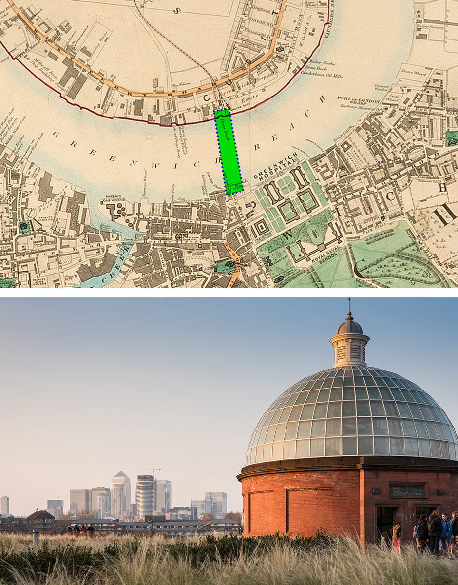 Greenwich Tunnel Comparison of archive London map and Greenwich Tunnel