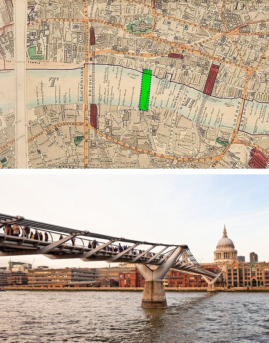 Millenium Bridge Comparison of archive London map and Millennium Bridge
