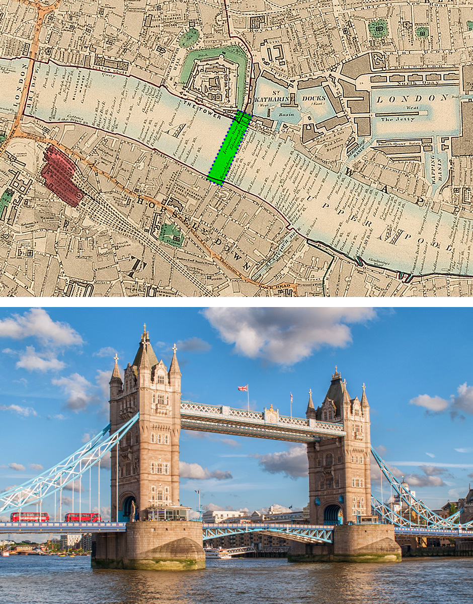 Tower Bridge Comparison of archive London map and Tower Bridge