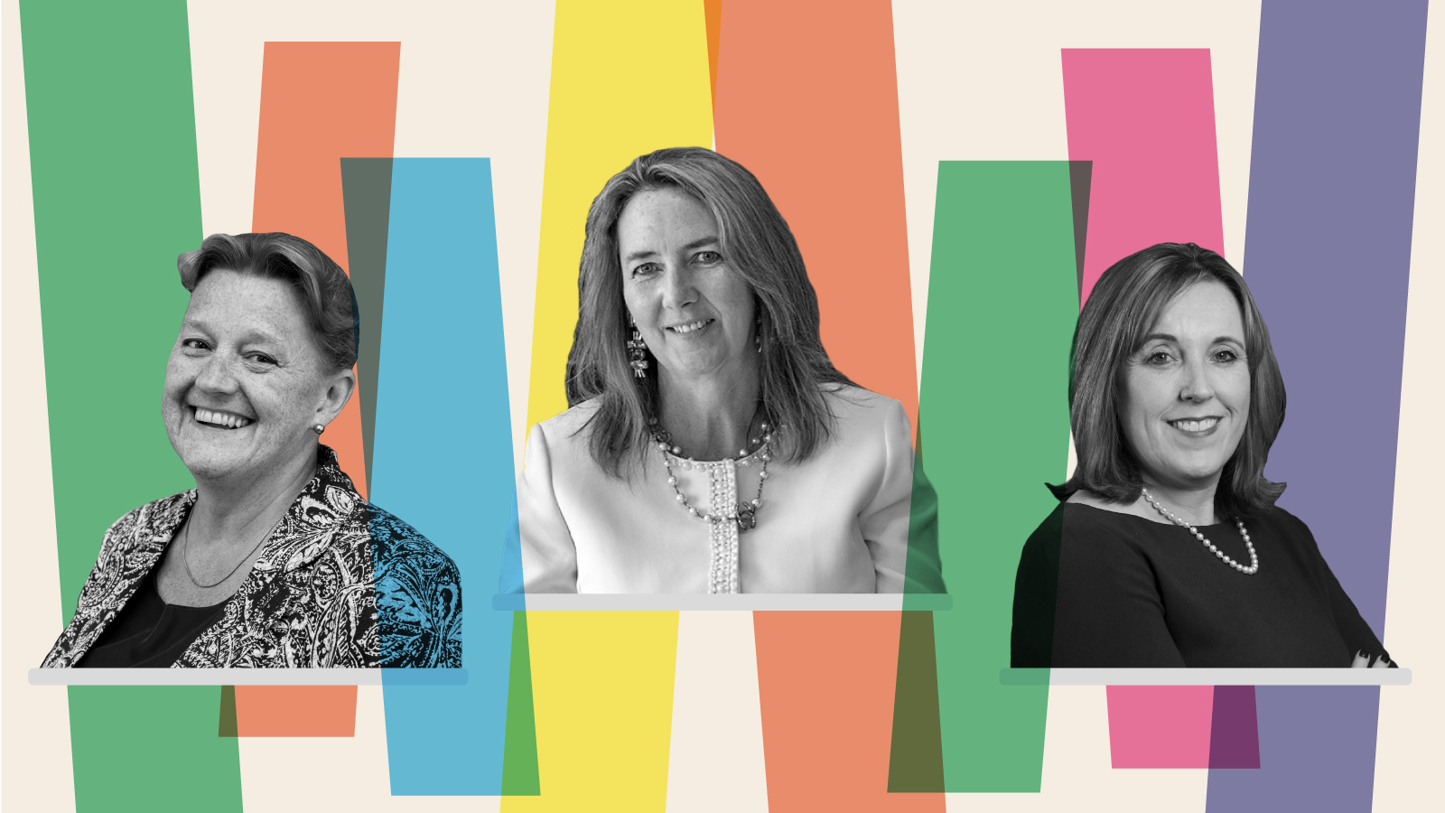 Black and white Photos of the three women in front of colourful rectangles in the shape of W