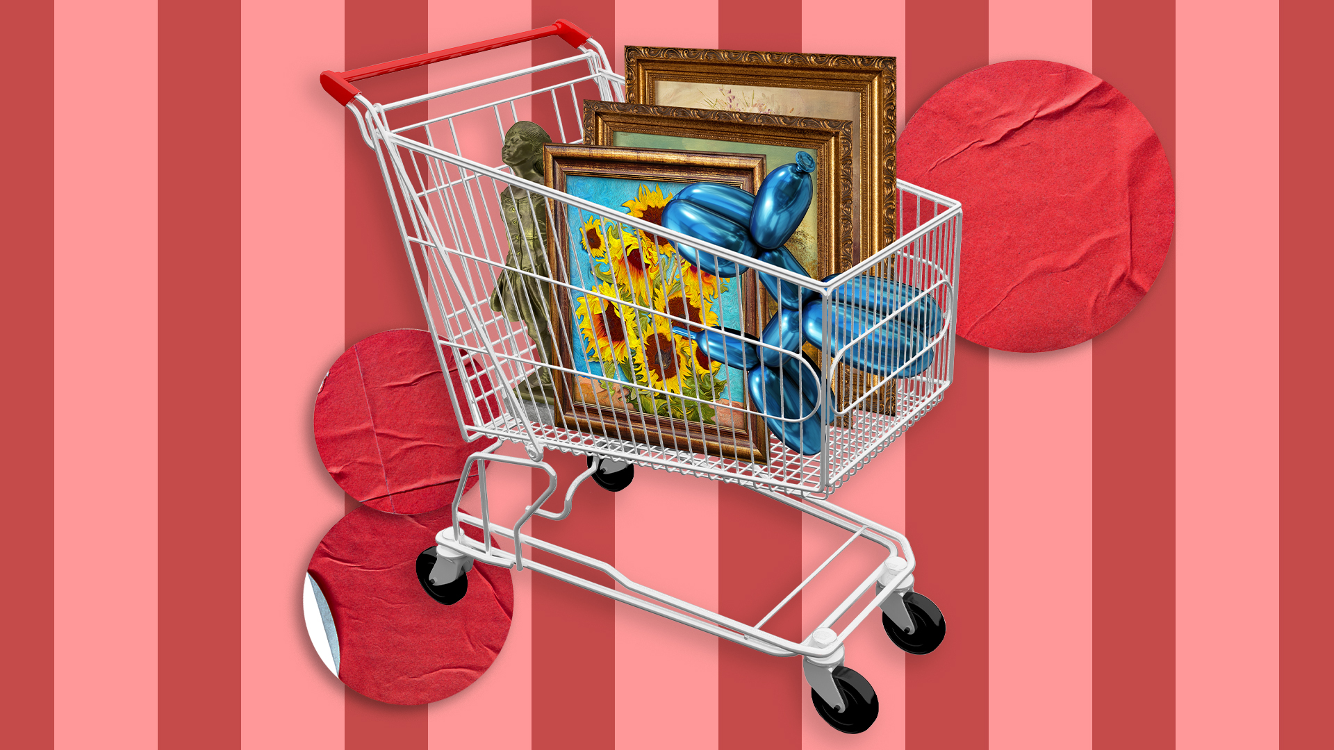 Shopping trolley filled with paintings and sculptures with red stickers