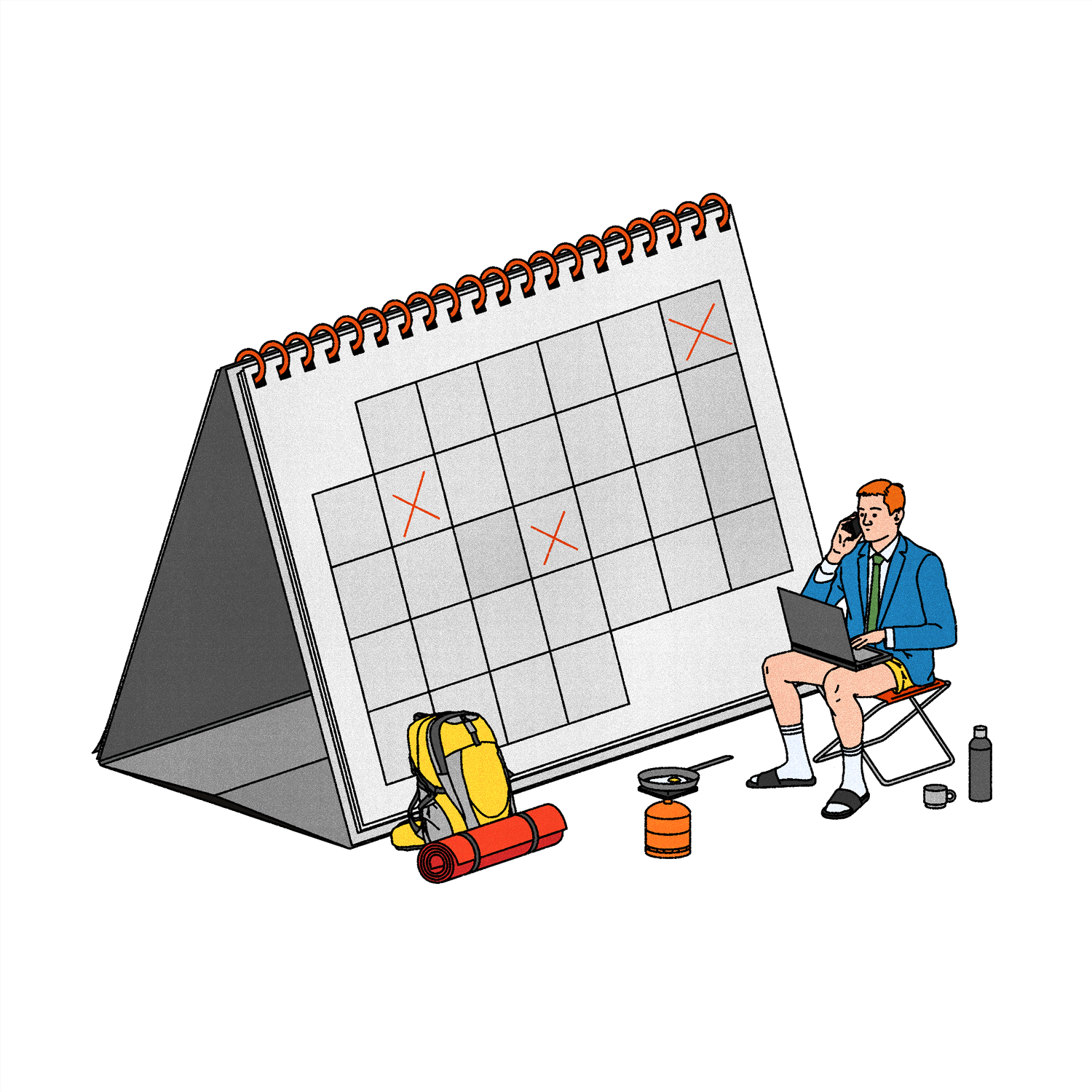 Illustration of a man working while on a camping trip