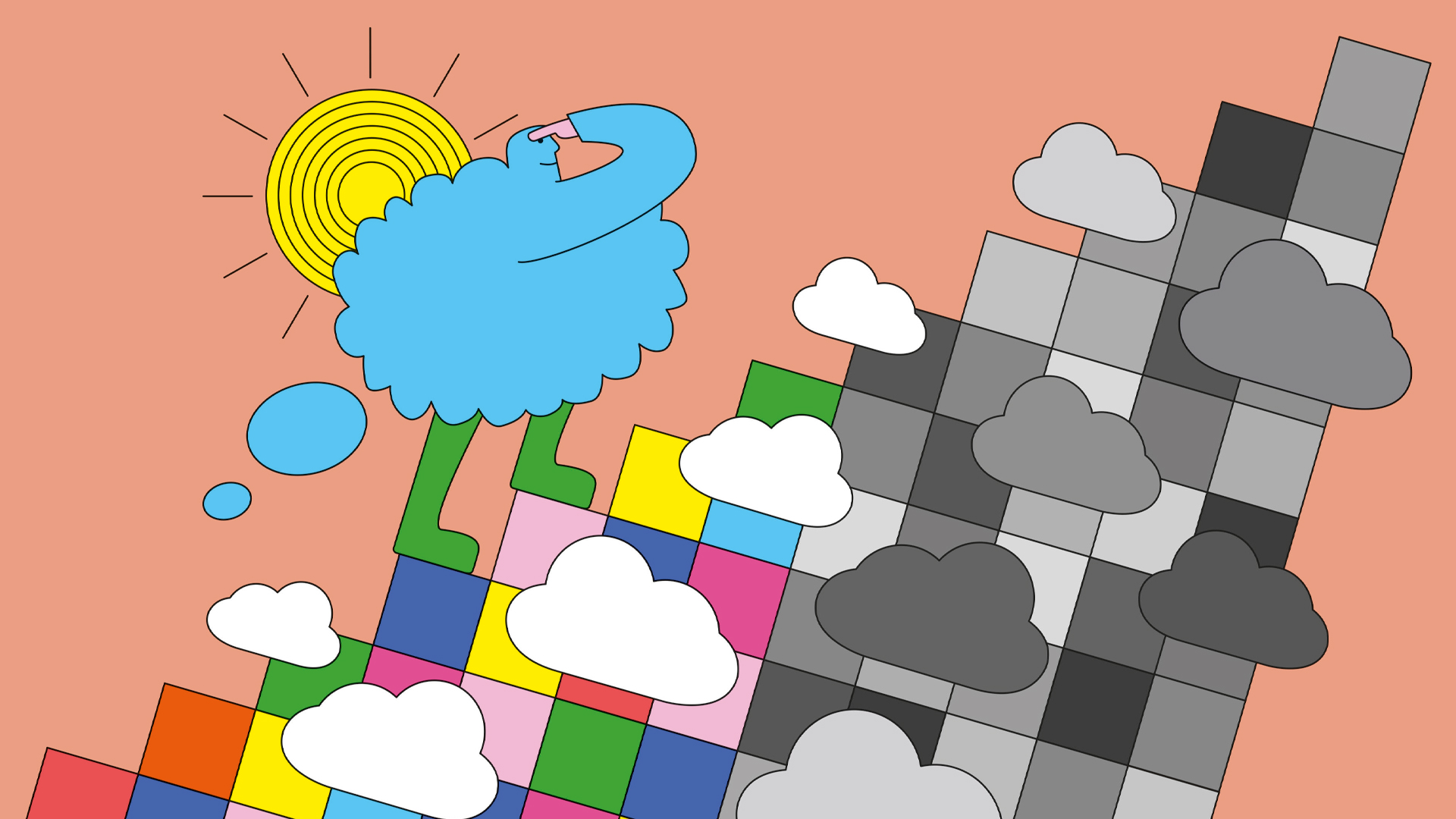 Illustration of a person walking up a colourful block of stairs