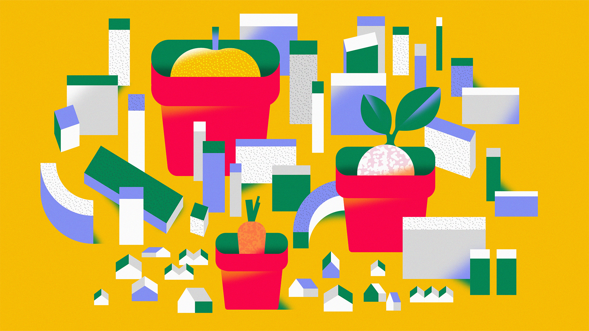 Three red plant pots amongst different shaped blocks