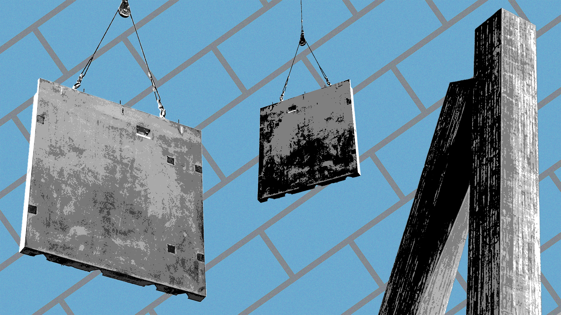 Concrete blocks collaged on blue toned brick pattern