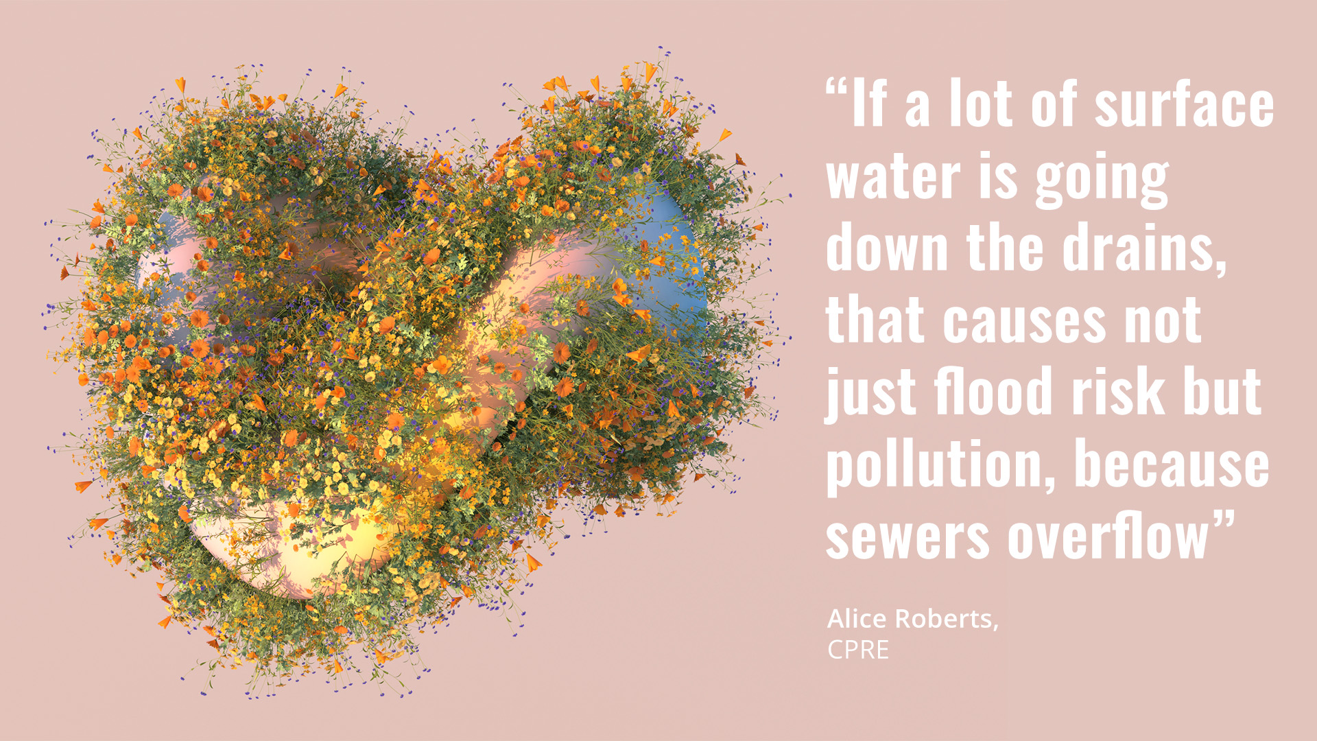 Render of concrete shape covered in flowers. The quote reads “If a lot of surface water is going down the drains, that causes not just flood risk but pollution, because sewers overflow” by Alice Roberts