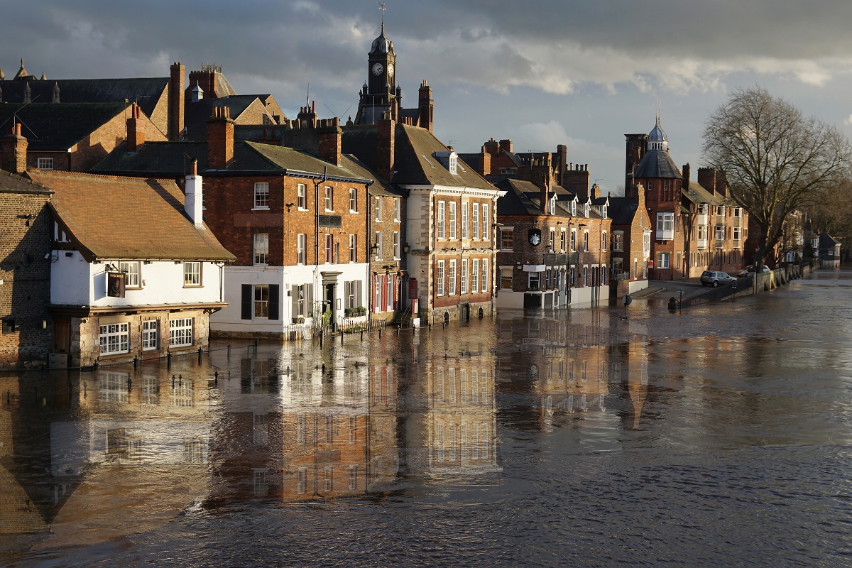 Flooding of River Ouse and riverside businesses in York, England.                                                            
