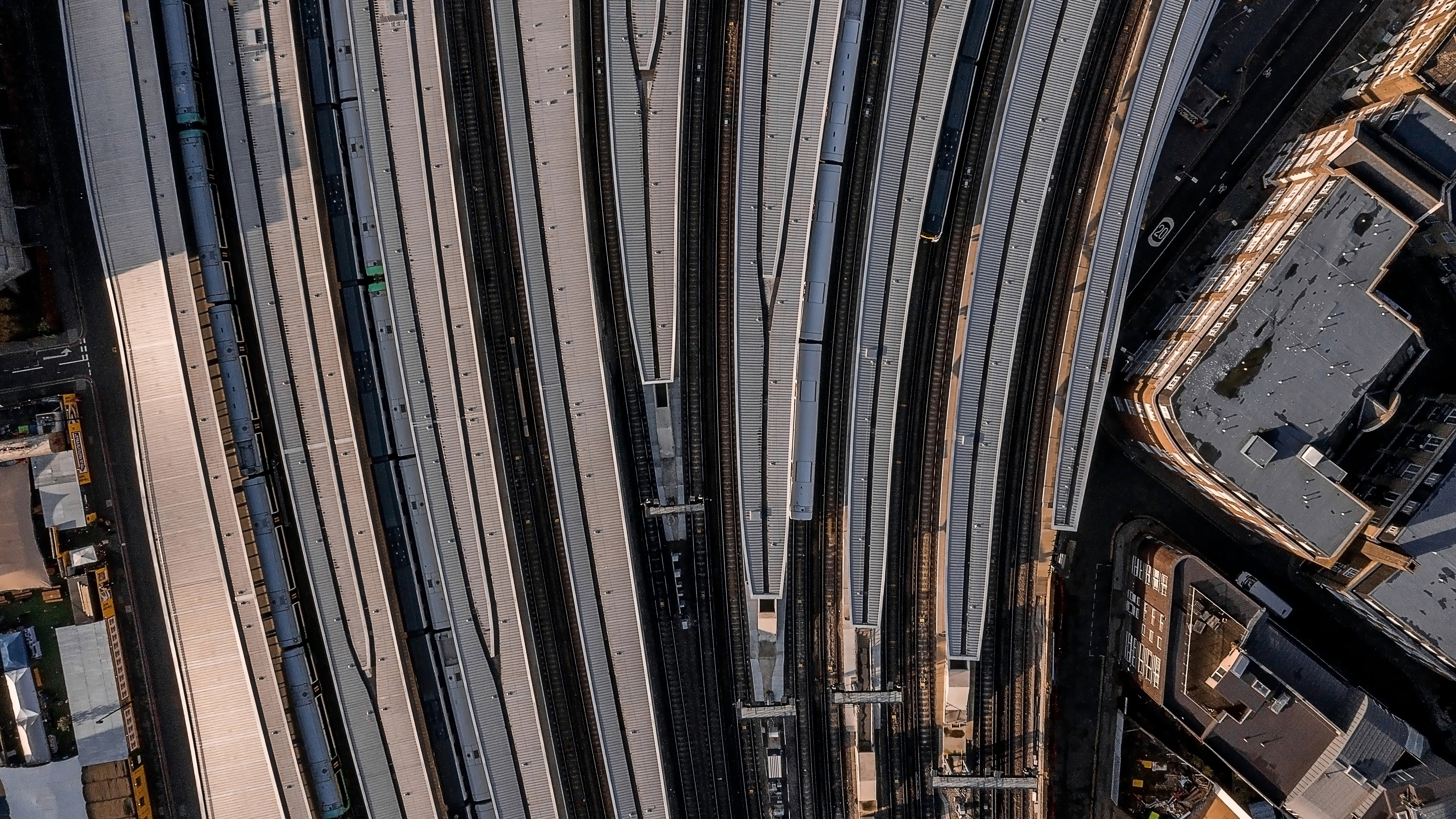 Aerial view of the London bridge train station with many train stations seen from above in London