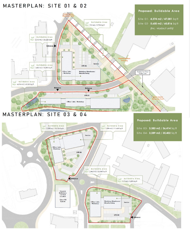 A close up diagram of the proposed masterplan of sites 01, 02, 03 and 04.