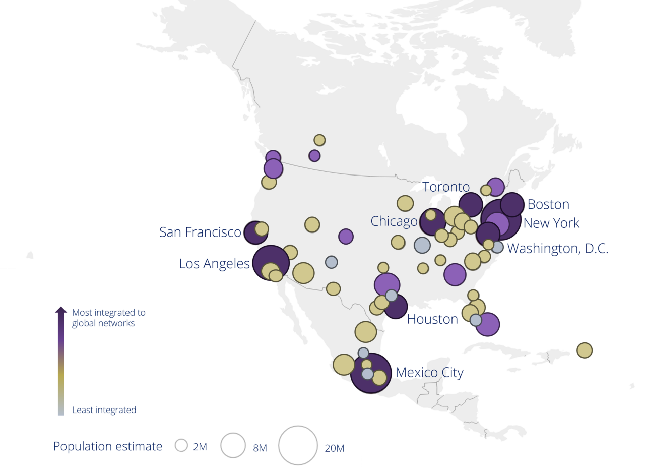 A map of the largest cities in North America