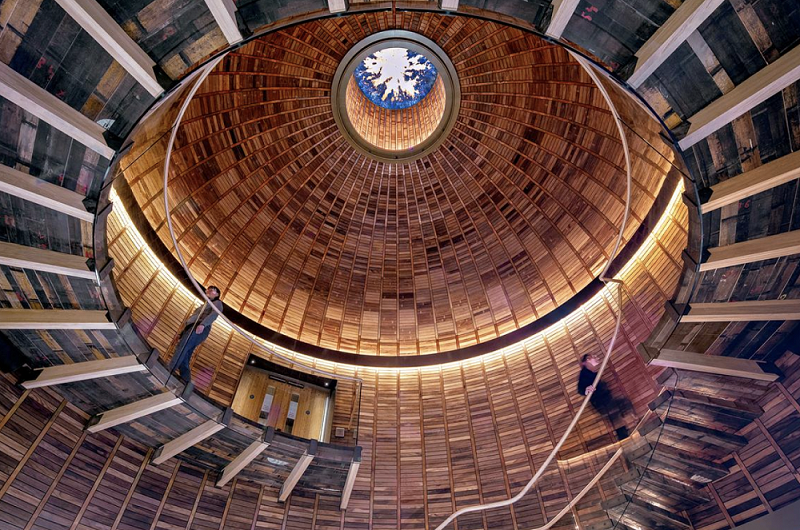 Image of Ad Gefrin dome from underneath, a £16m innovative world-class project consisting of a museum, visitor centre and Northumberland's first-ever whisky distillery.