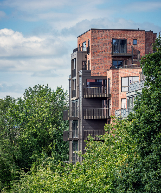 Image of tall building with trees surrounding the facade.